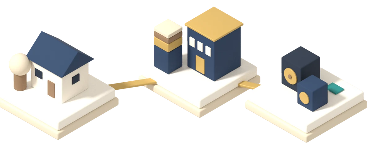 Illustration: a home, a business and two separate vaults on connected platforms, one plan across all three.