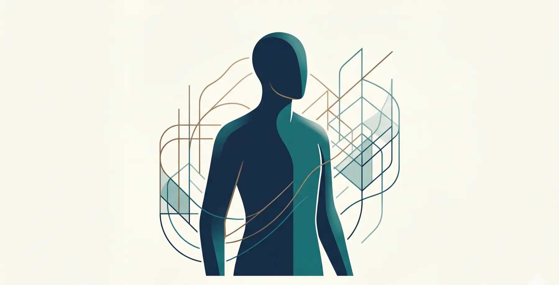 Abstract illustration of a human figure supported by geometric lines — technology amplifying a human professional, not replacing them.
